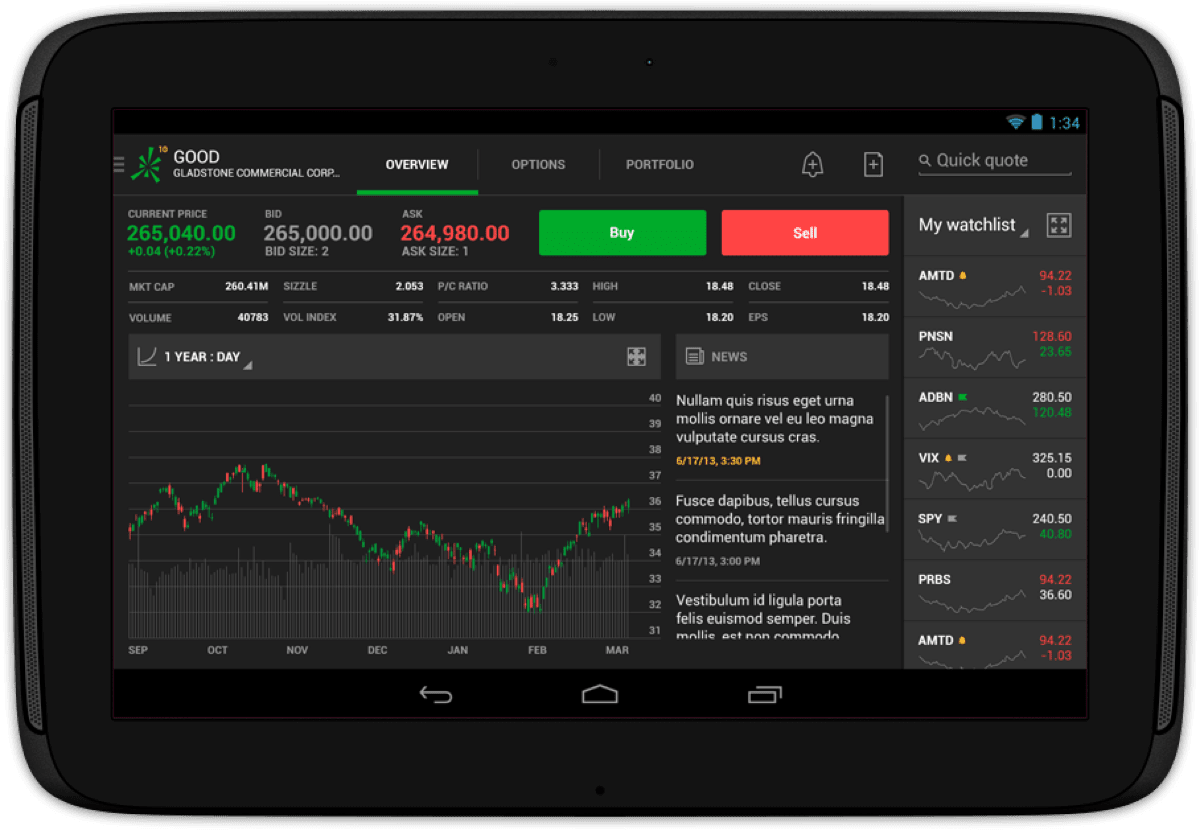 Quote overview screen for android tablet, running 4.4 kit kat release from 2013