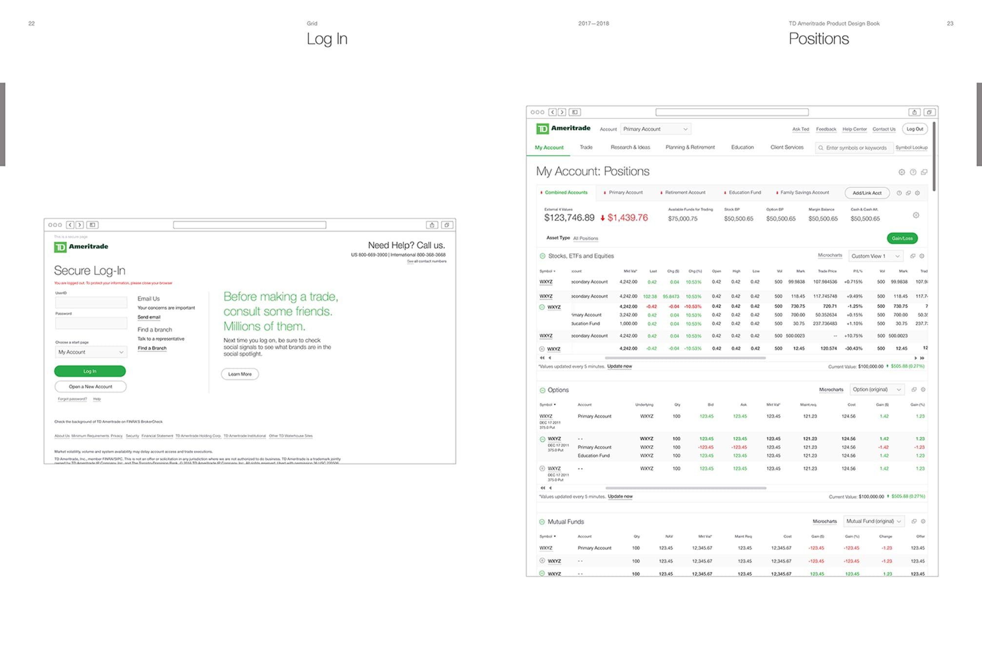 Design recommendations for Tdameritrade.com log in and positions page