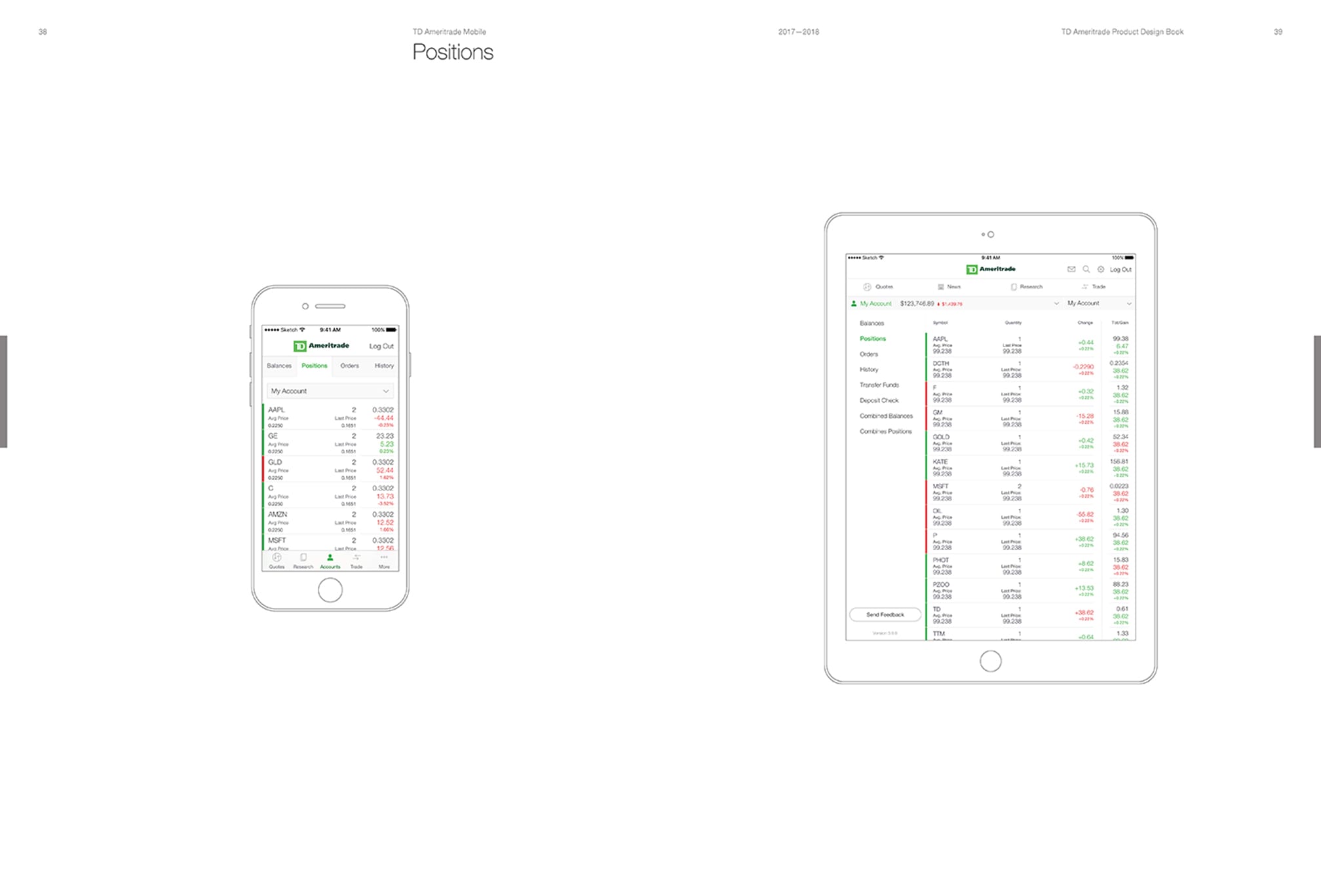 Design recommendations for TD Ameritrade Mobile app's positions page for phone and tablet