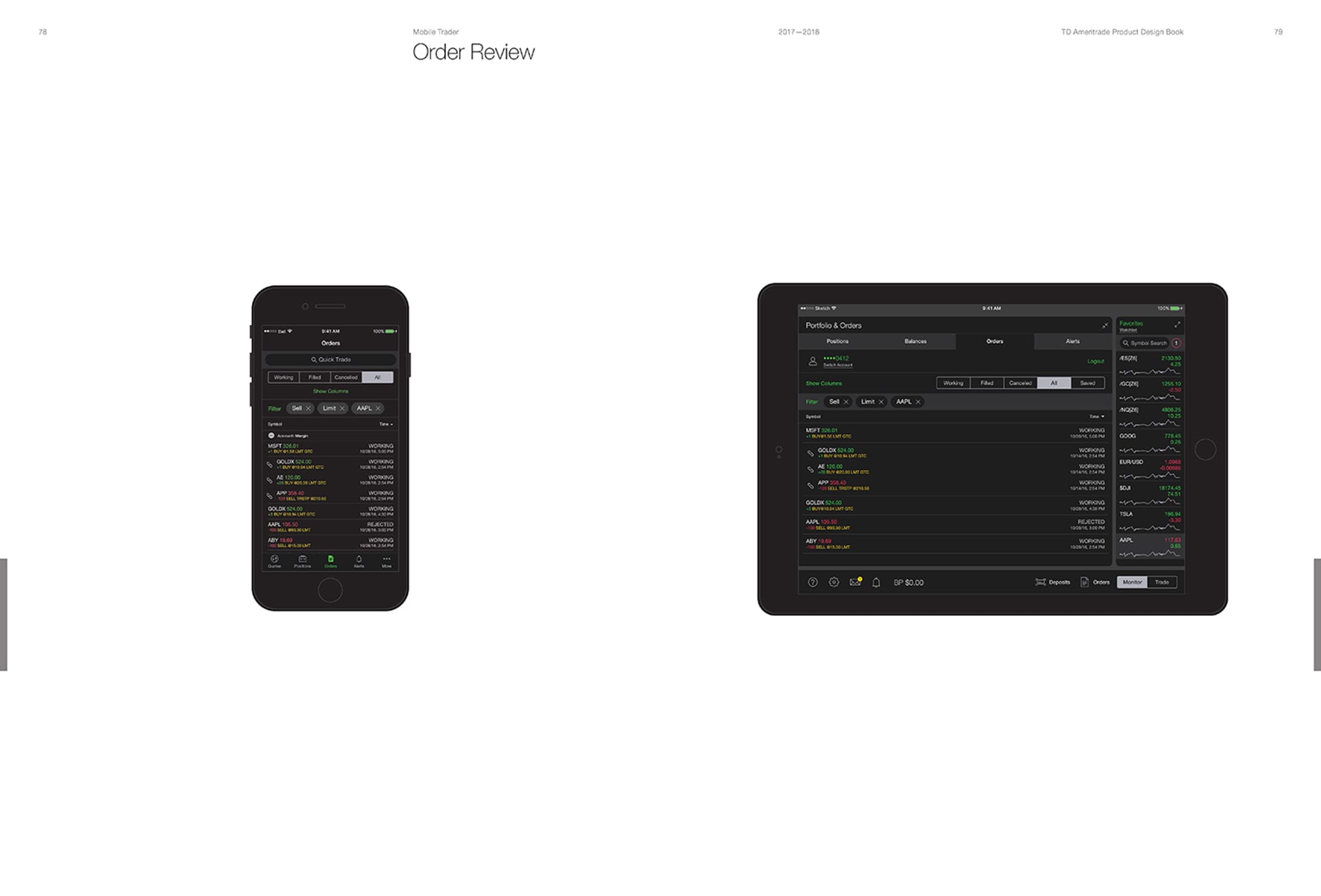 Design recommendations for Mobile Trader (aka thinkorswim mobile) app's order review page for phone and tablet
